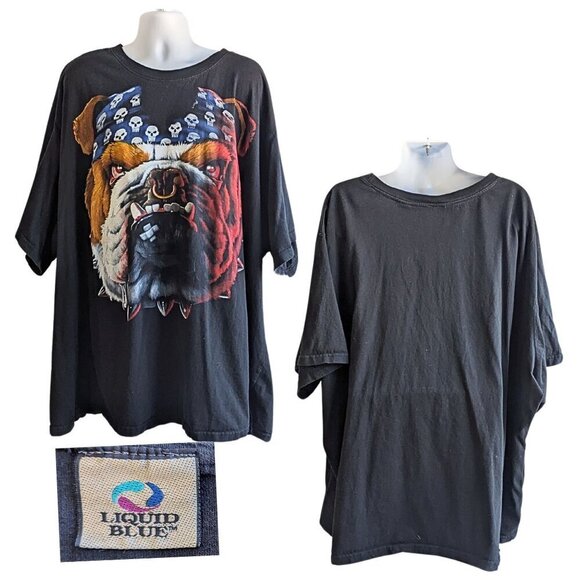 Vintage Y2K LIQUID BLUE Bulldog w/ Skull Bandana SS Tee Men's Size 8X - Picture 1 of 5